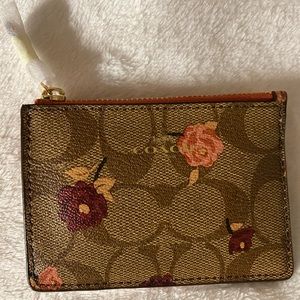 Coach Mini Skinny ID Case Wallet in Signature Canvas in Tossed Peony Print NWT